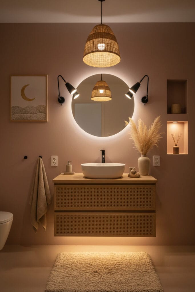 Salle de bain scandinave boho la nuit, démontrant un éclairage à trois niveaux (général, tâche, ambiance) pour une Deco Salle de Bain sublime et cosy.