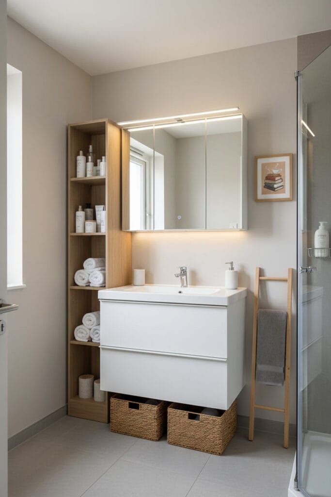 Salle de bain compacte avec rangements optimisés : meuble flottant, miroir pharmacie, étagère d'angle et paniers, pour une Deco Salle de Bain fonctionnelle.