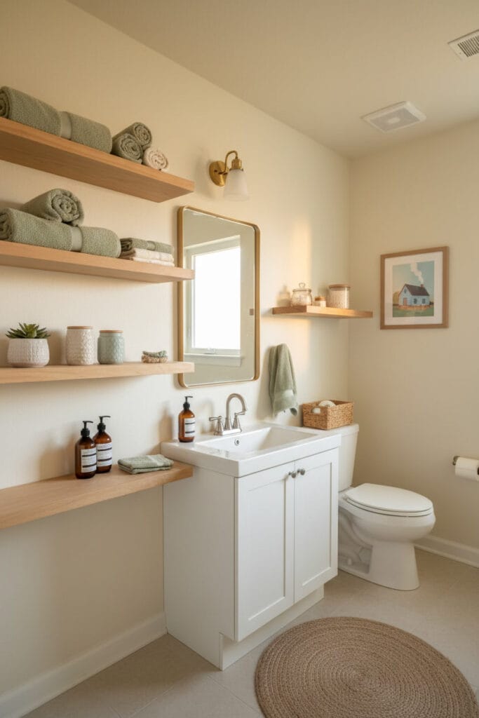 Salle de bain style cottage moderne utilisant des étagères murales ouvertes pour le rangement, ambiance fin de journée pour une Deco Salle de Bain optimisée.