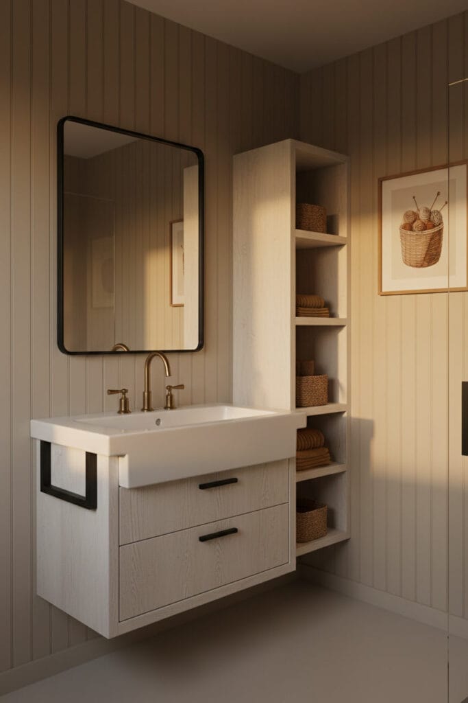 Salle de bain moderne champêtre avec vasque et étagères flottantes en bois blanchi, ambiance chaleureuse de fin de journée pour une Deco Salle de Bain légère.
