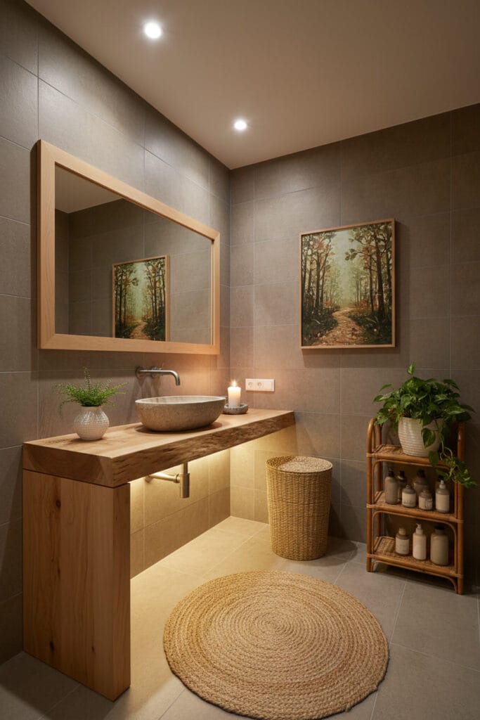 Salle de bain spa naturel avec matériaux bruts (bois, pierre, jute) et plantes, ambiance tamisée de soirée pour une Deco Salle de Bain zen.