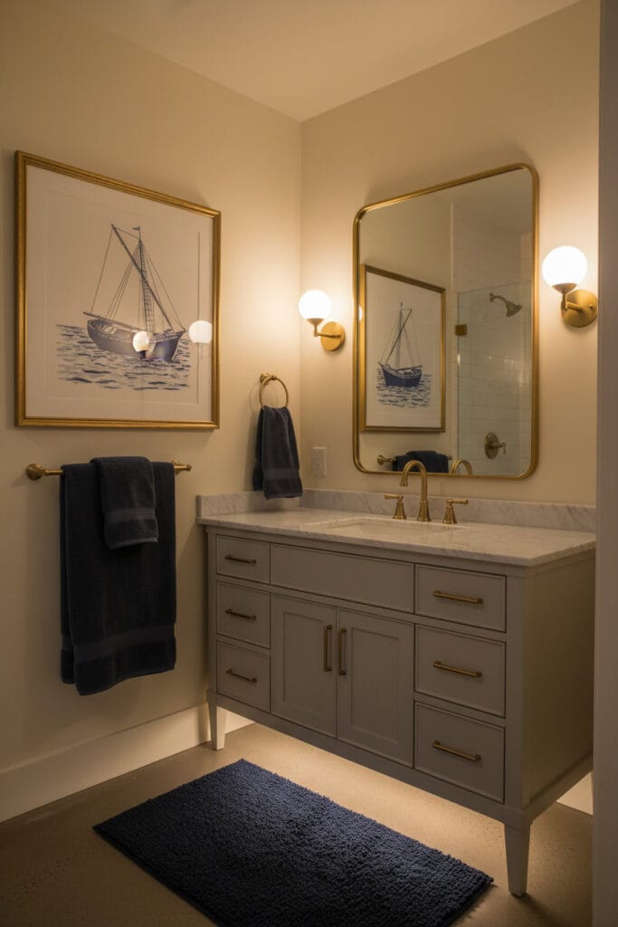 Salle de bain moderne classique aux murs ivoire, avec une touche de bleu marine sur les accessoires, illustrant une palette de couleurs harmonieuse pour une Deco Salle de Bain.