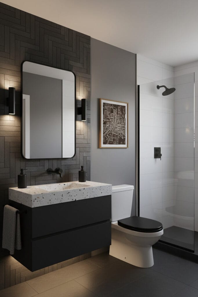 Salle de bain moderne aux revêtements muraux graphiques en relief, éclairée le soir, pour une Deco Salle de Bain au caractère affirmé.