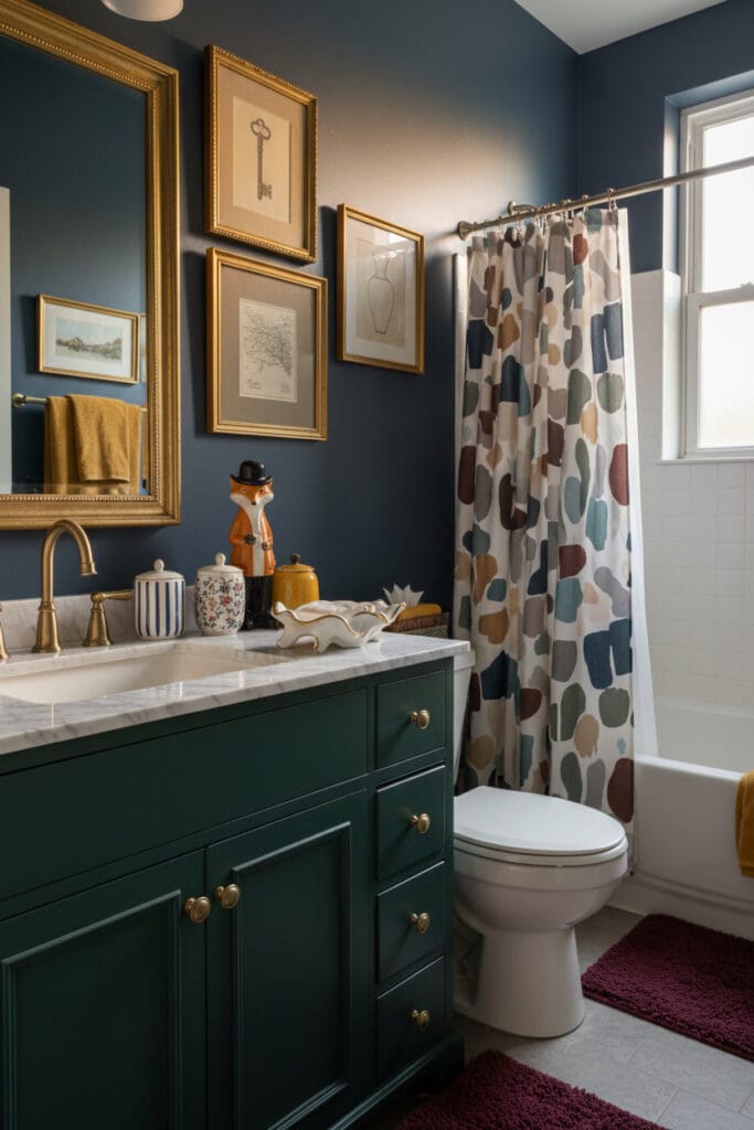 Salle de bain personnalisée avec une collection d'accessoires déco originaux sur un meuble vert, pour une Deco Salle de Bain unique et cosy.