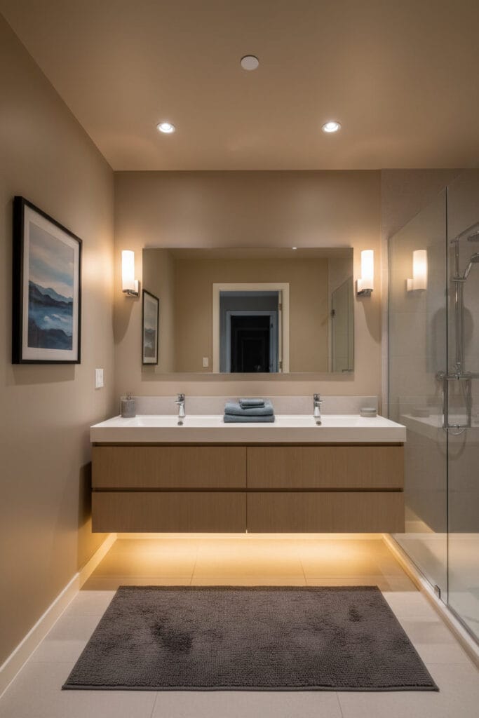 Salle de bain contemporaine parfaite illustrant l'harmonie des couleurs et un éclairage à plusieurs niveaux, pour éviter les erreurs de Deco Salle de Bain.