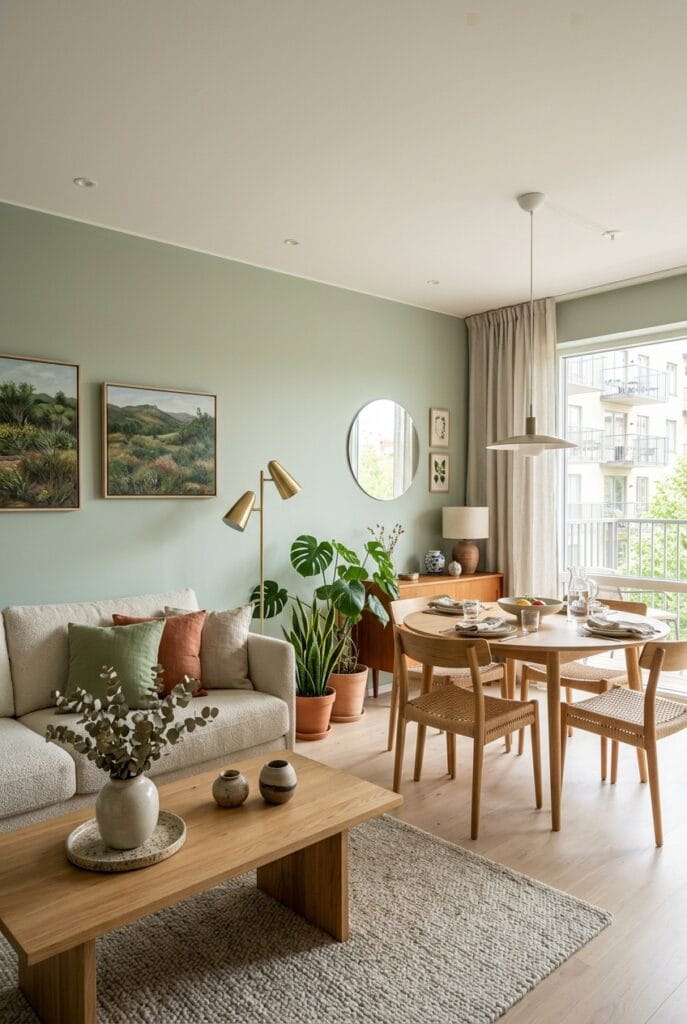 Déco intérieure tendance en vert minéral, nuances de vert matcha et sauge