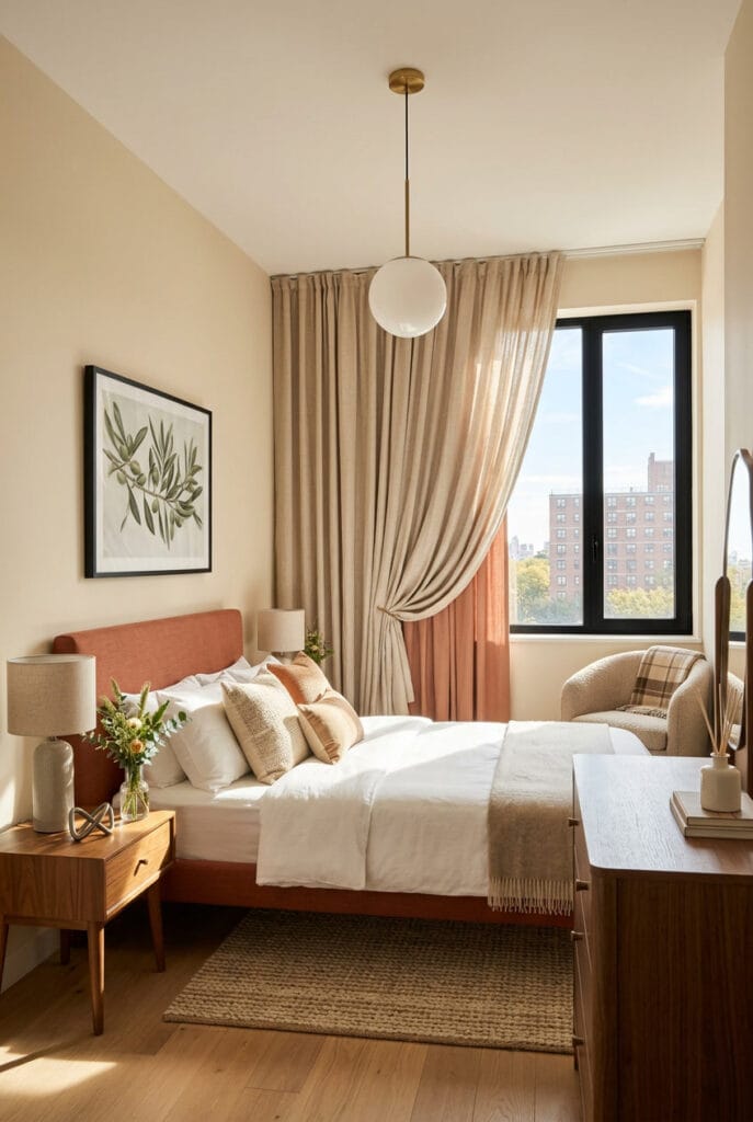 Déco intérieure tendance avec rideaux en lin, teintes beige et terracotta