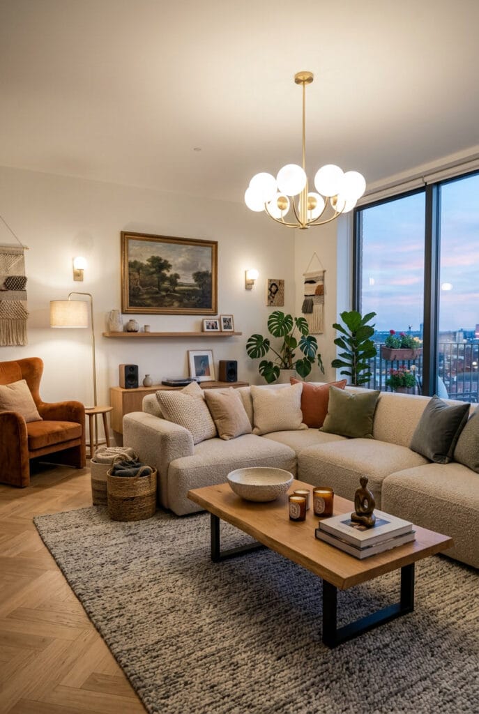 Déco intérieure tendance avec canapé cocooning, velours et teintes naturelles
