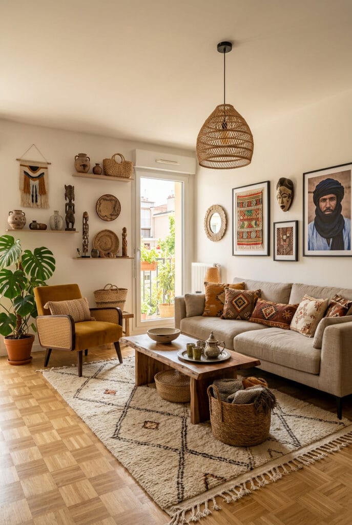Déco intérieure tendance ethnique, tapis berbère et tons terreux