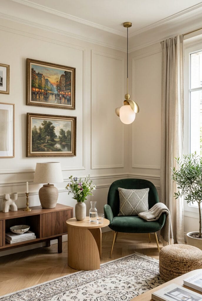 Déco intérieure tendance avec moulures murales, mur élégant et raffiné