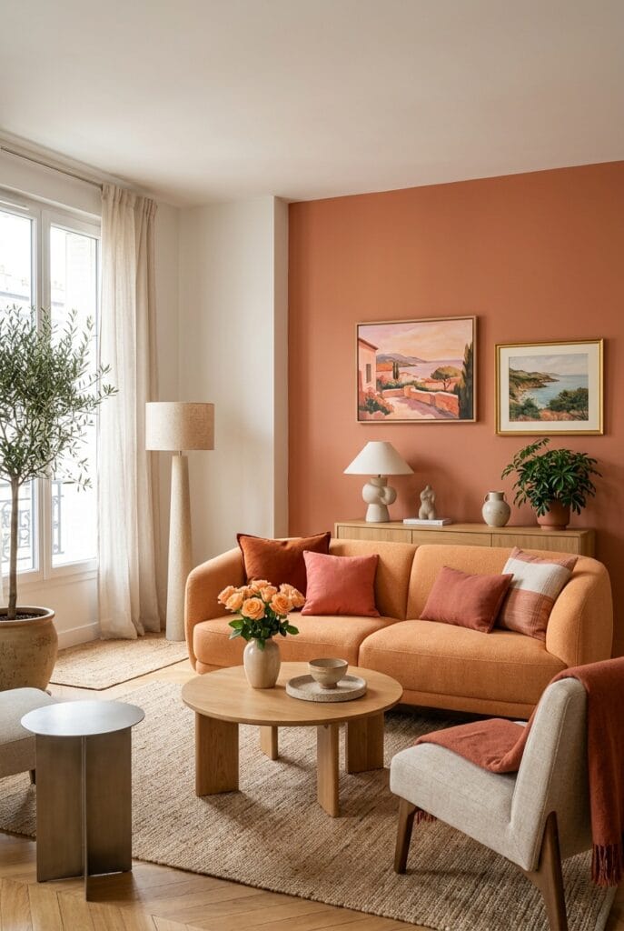 Déco intérieure tendance aux teintes abricot, terracotta et corail