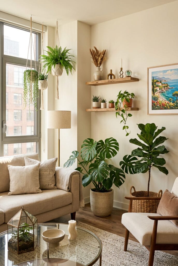 Déco intérieure tendance avec plantes vertes, monstera et cache-pots en céramique