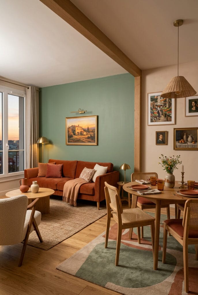 Déco intérieure tendance avec mix de couleurs, vert sauge et terracotta