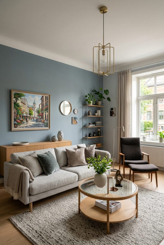 Déco intérieure tendance en bleu gris, mur salon apaisant et moderne