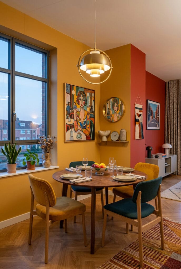 Déco intérieure tendance aux teintes rétro, jaune moutarde, ocre et rouge brique