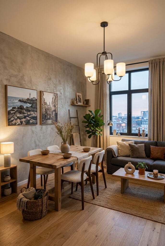 Déco intérieure tendance avec matériaux bruts, bois brut et béton ciré