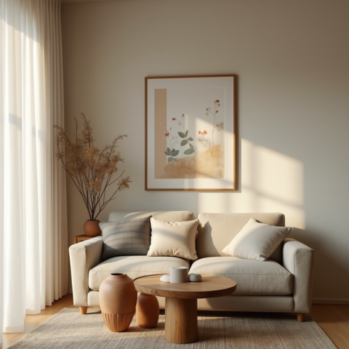 Wabi Sabi : un salon minimaliste et chaleureux mettant en valeur une table en bois brut, des vases en céramique artisanale et des textiles en lin naturel, dans une ambiance apaisante et harmonieuse.