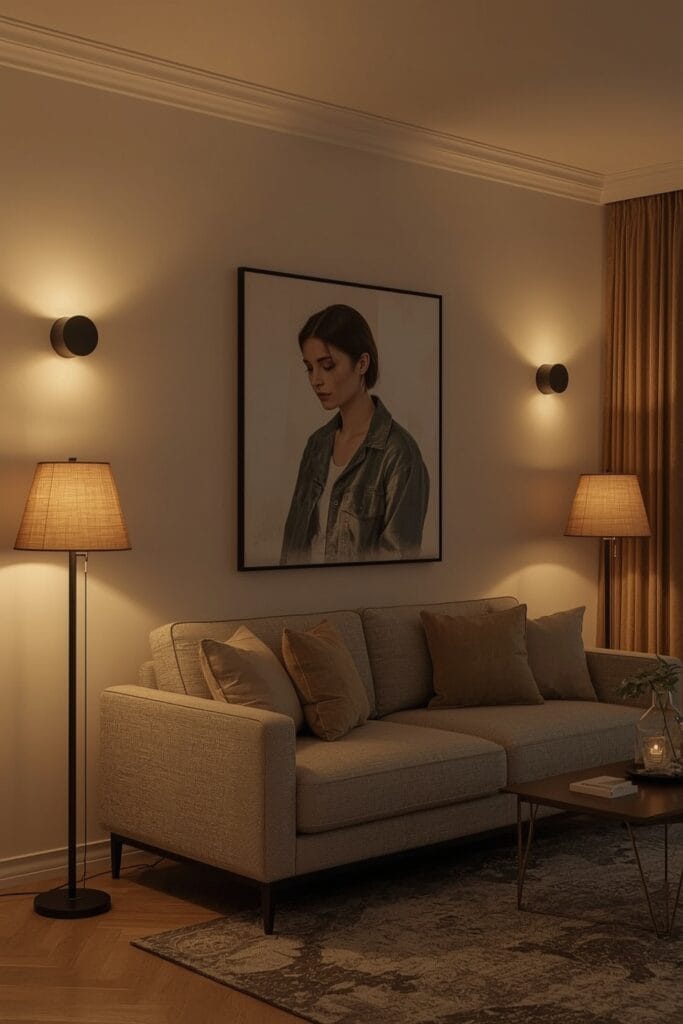 Aménagement Salon chaleureux avec éclairage tamisé et ambiance cosy en soirée