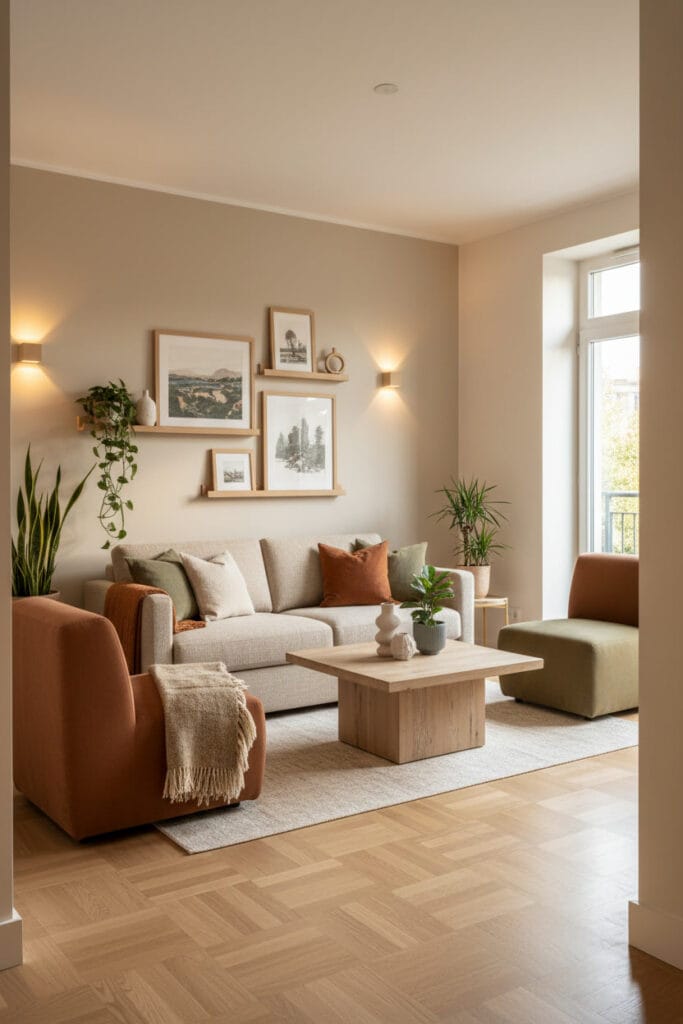 Salon avec parquet pratique et esthétique, décor chaleureux.