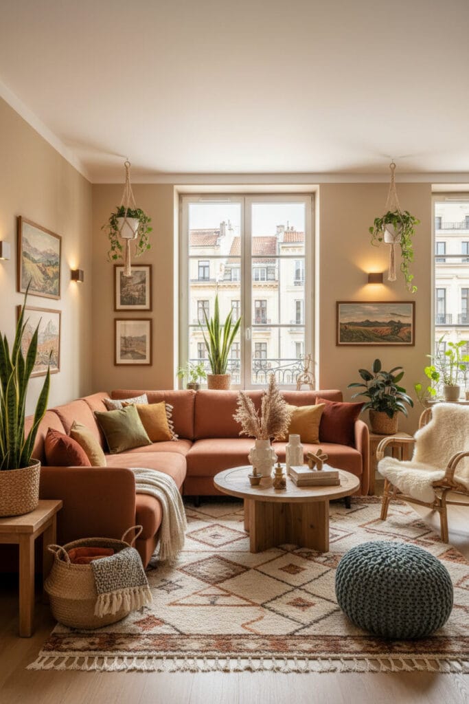 Salon bohème chic avec canapé central face à la fenêtre lumineuse.