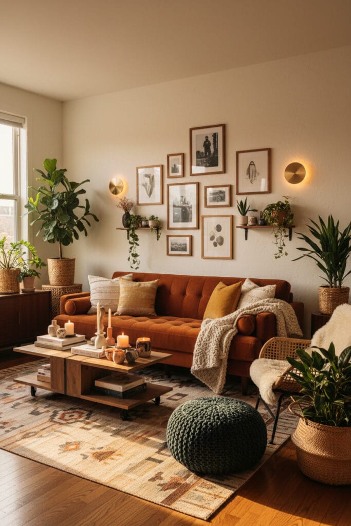 Salon avec éléments décoratifs personnalisés et ambiance cosy.