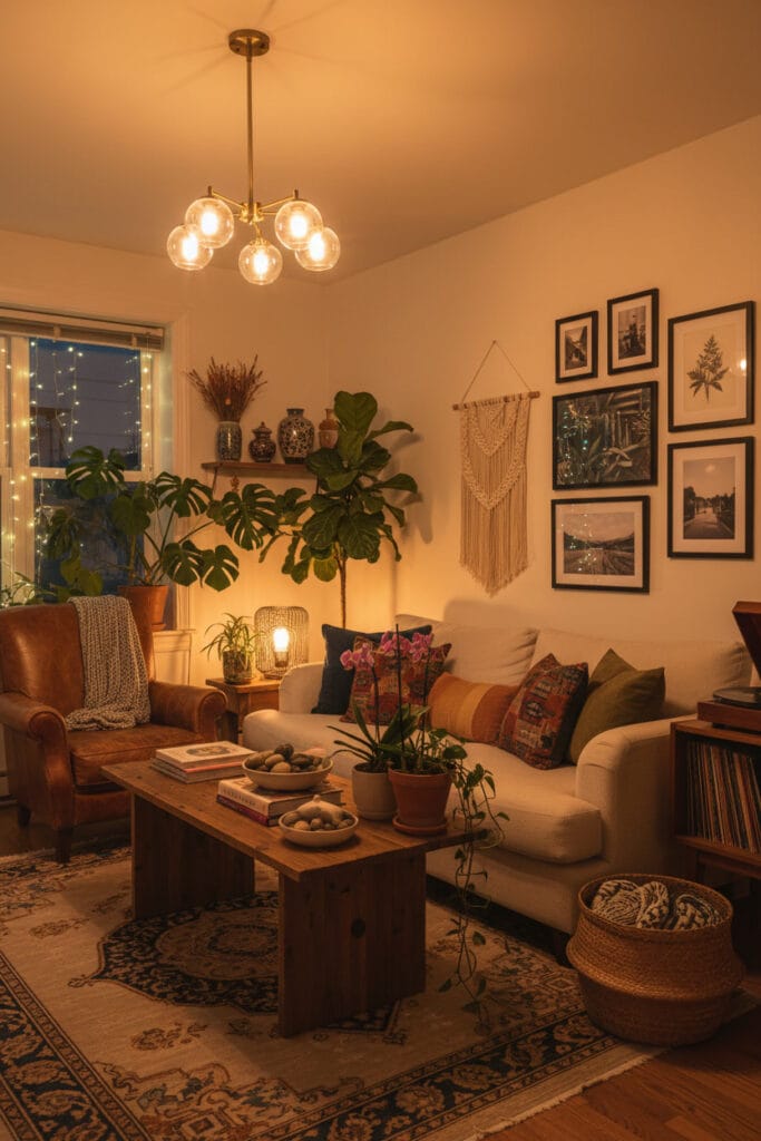 Salon avec décoration personnalisée et ambiance chaleureuse.