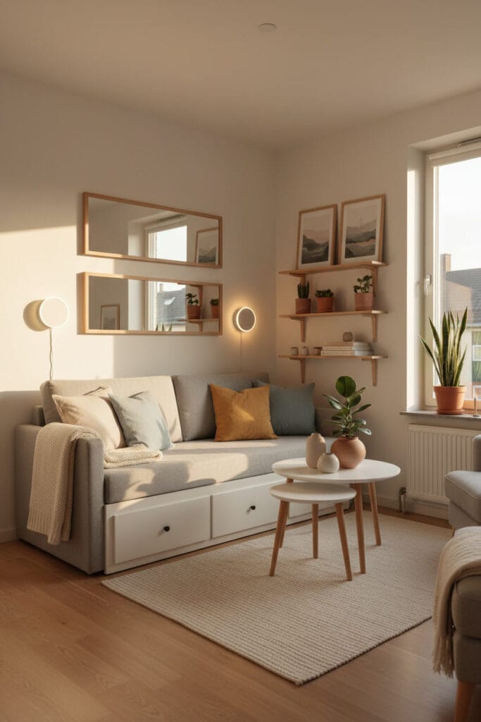 Petit salon optimisé avec mobilier multifonctionnel et décoration harmonieuse.