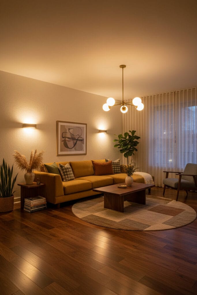 Salon avec sol esthétique et décoration harmonieuse en soirée.