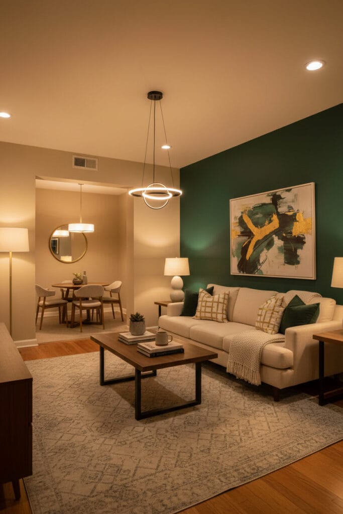 Salon avec mur d’accent et couleurs harmonieuses.