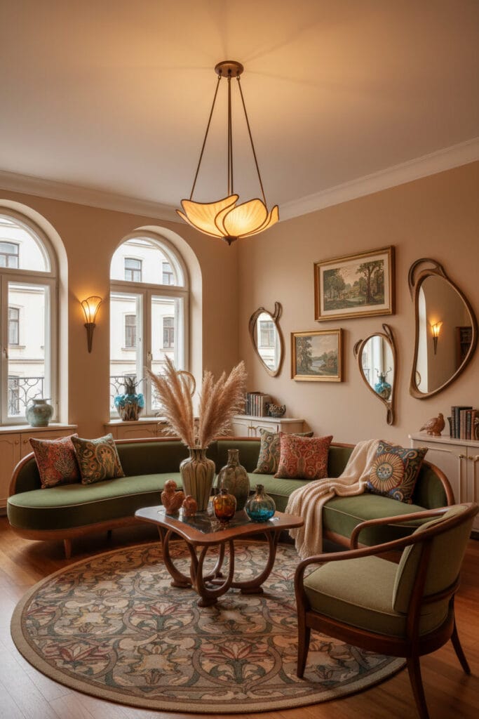 Salon cosy avec accessoires tendance style Art Nouveau.
