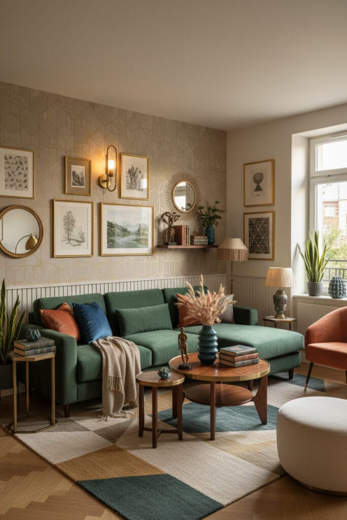 Petit salon Art Déco cosy avec circulation fluide et décoration murale riche mais équilibrée.