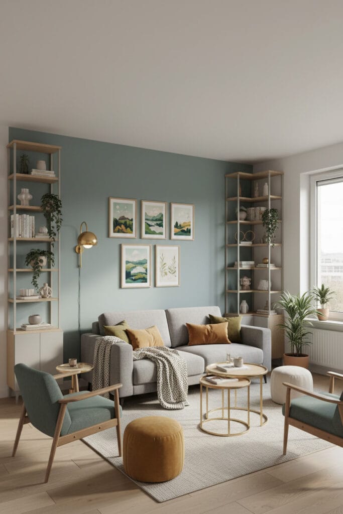 Salon organisé avec mobilier adapté et décoration murale équilibrée.