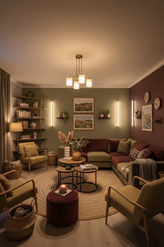 Salon avec agencement dynamique et décoration murale équilibrée.