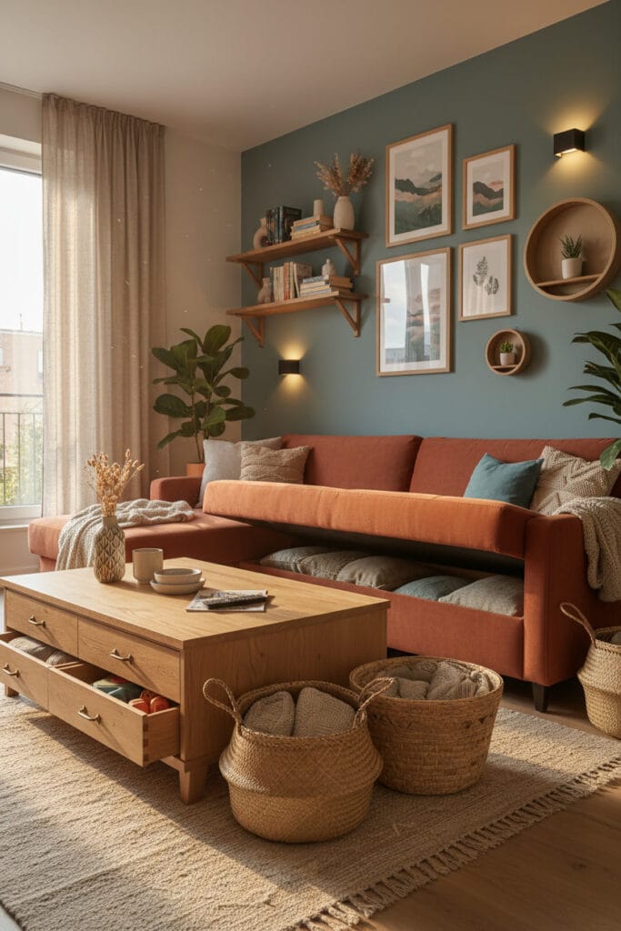 Salon avec solutions de rangement intelligentes et décoration murale harmonieuse.