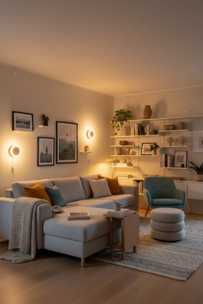 Salon avec mobilier modulable et décoration murale harmonieuse.