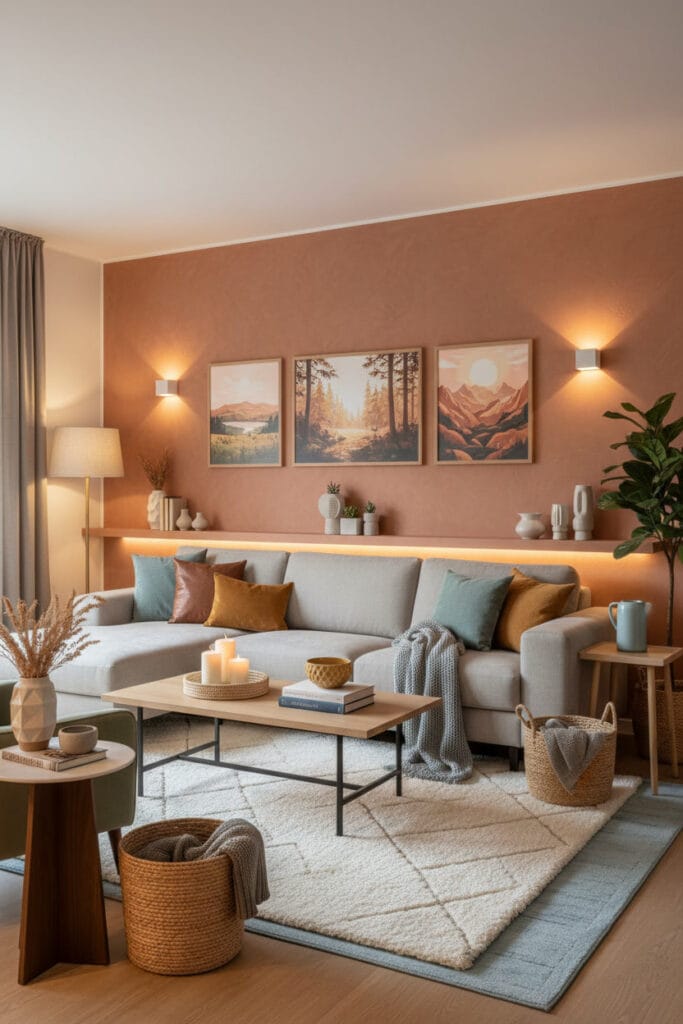 Salon moderne et chaleureux avec canapé central face à un point focal décoratif.