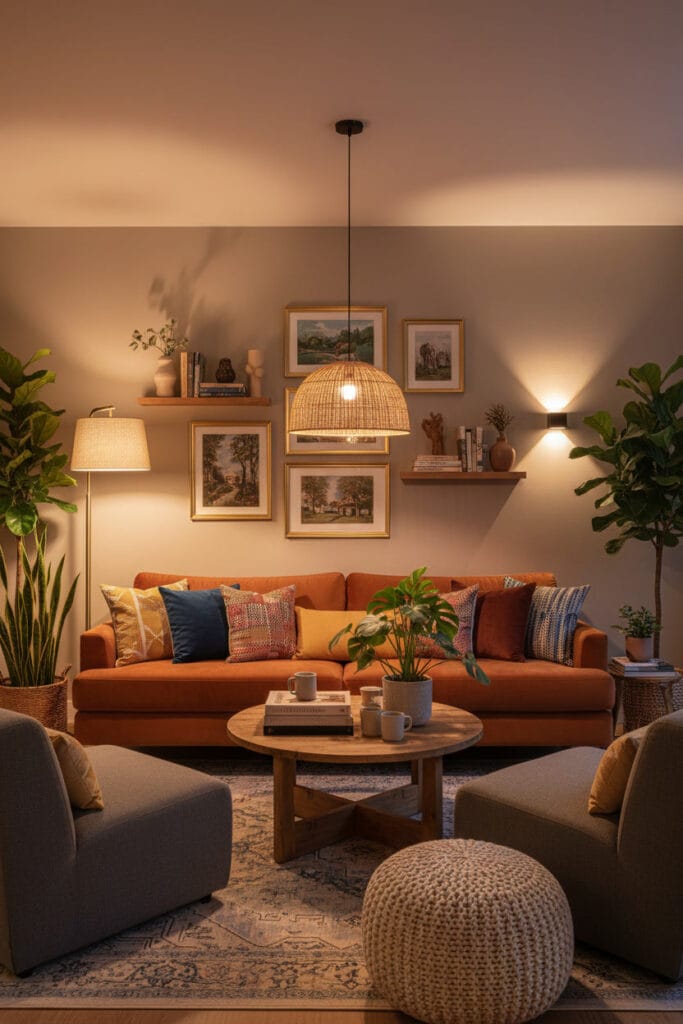 Salon avec éclairage doux et mobilier harmonieux.