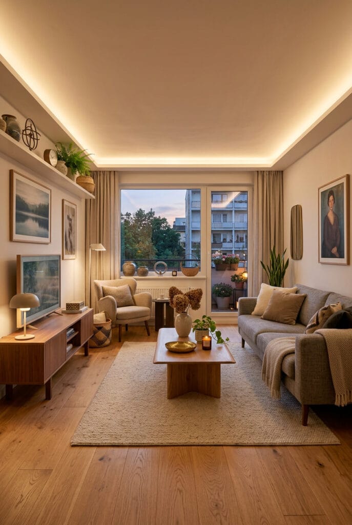 Aménagement du salon avec parquet chaleureux et revêtement de sol esthétique et pratique pour un intérieur élégant et fonctionnel.
