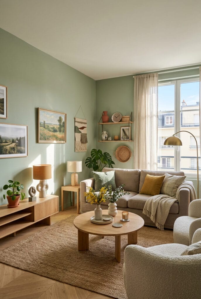 Aménagement du salon avec murs peints en beige, gris clair et tons pastel pour une ambiance douce, apaisante et cosy.