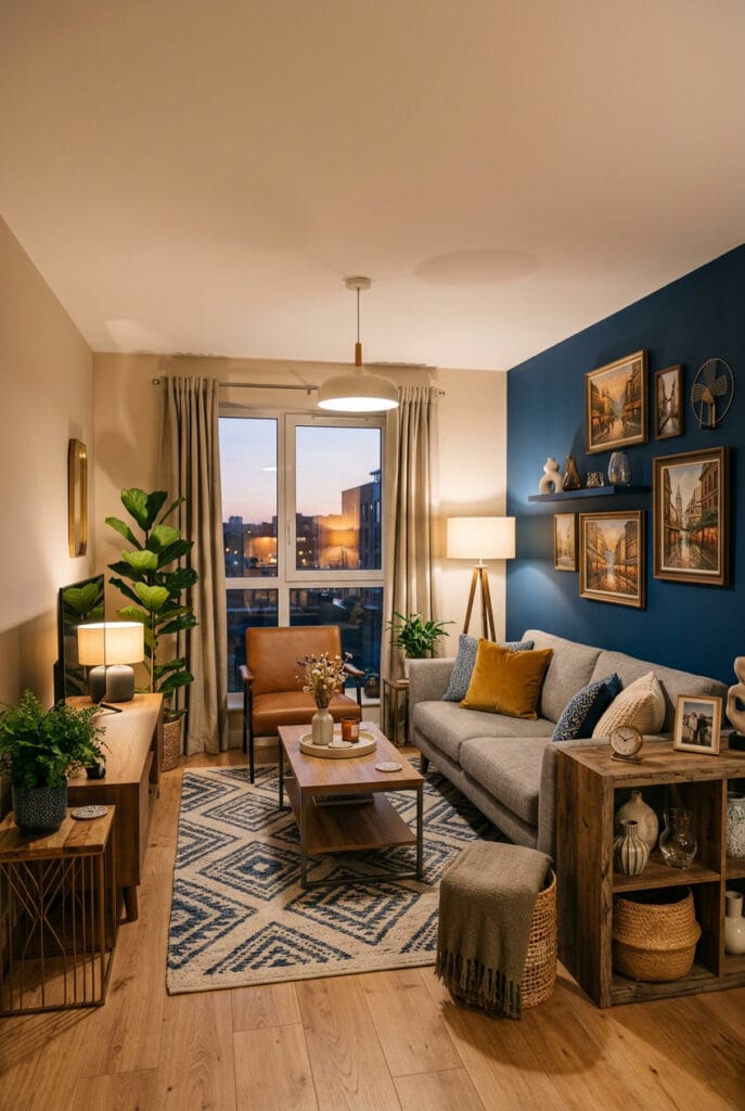 Aménagement du salon avec mur d’accent bleu profond ou vert sapin apportant du dynamisme et du caractère à une décoration harmonieuse.