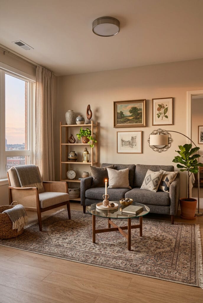 Aménagement du salon avec mélange harmonieux de styles décoratifs sur base neutre et mobilier intemporel pour un intérieur personnalisé et équilibré.