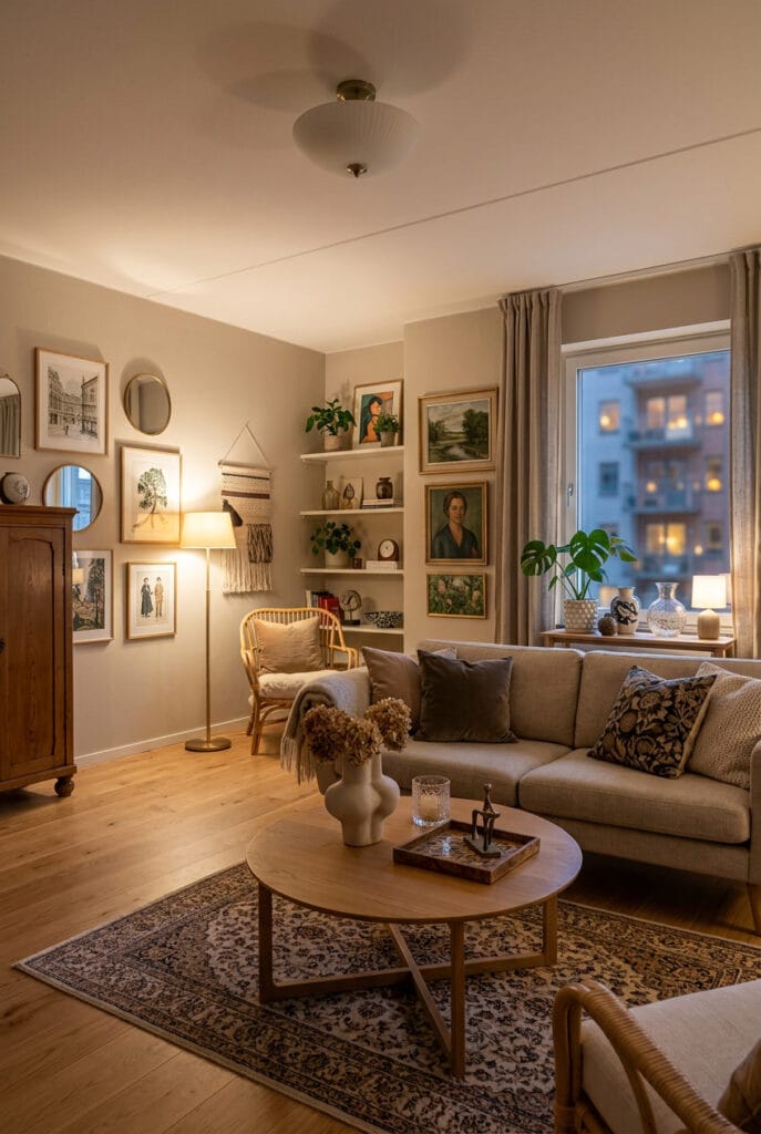 Aménagement du salon personnalisée avec mélange de styles déco sur base neutre, créant un espace harmonieux, équilibré et élégant.