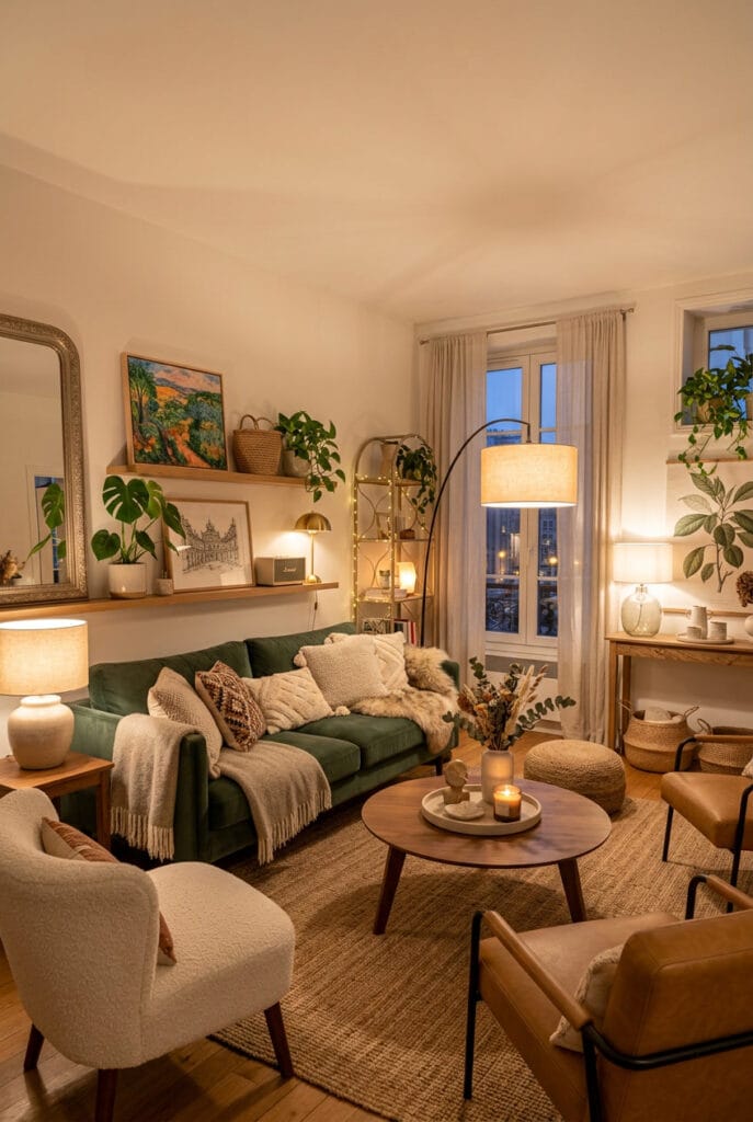 Aménagement du salon cosy avec plusieurs sources lumineuses créant une ambiance douce, chaleureuse et accueillante