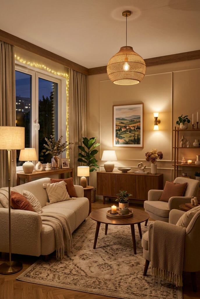 Aménagement du salon avec lampadaire, appliques murales et guirlandes lumineuses diffusant une lumière chaude et apaisante.