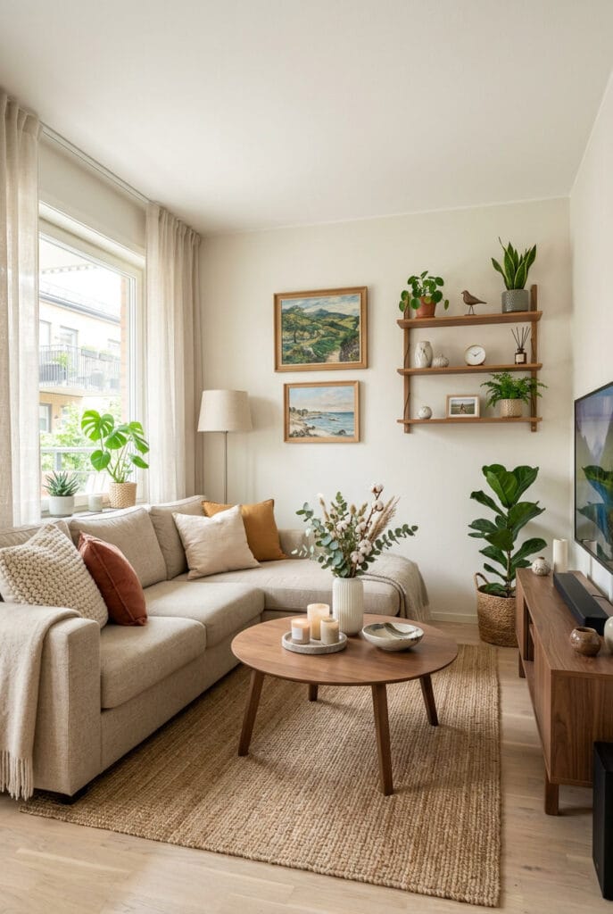Aménagement du salon aux teintes beige, gris clair et blanc cassé avec matières douces pour une ambiance chaleureuse et apaisante.