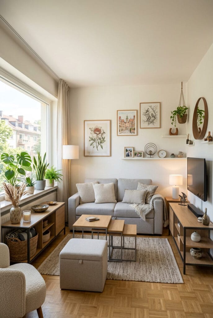Aménagement d’un petit salon optimisé avec canapé compact, tables gigognes et meubles multifonctionnels pour gagner de l’espace