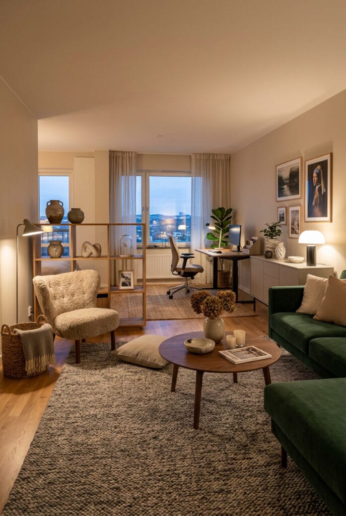 Aménagement du salon avec tapis, canapé et bibliothèque ouverte pour délimiter les espaces sans cloisonner et structurer la pièce.