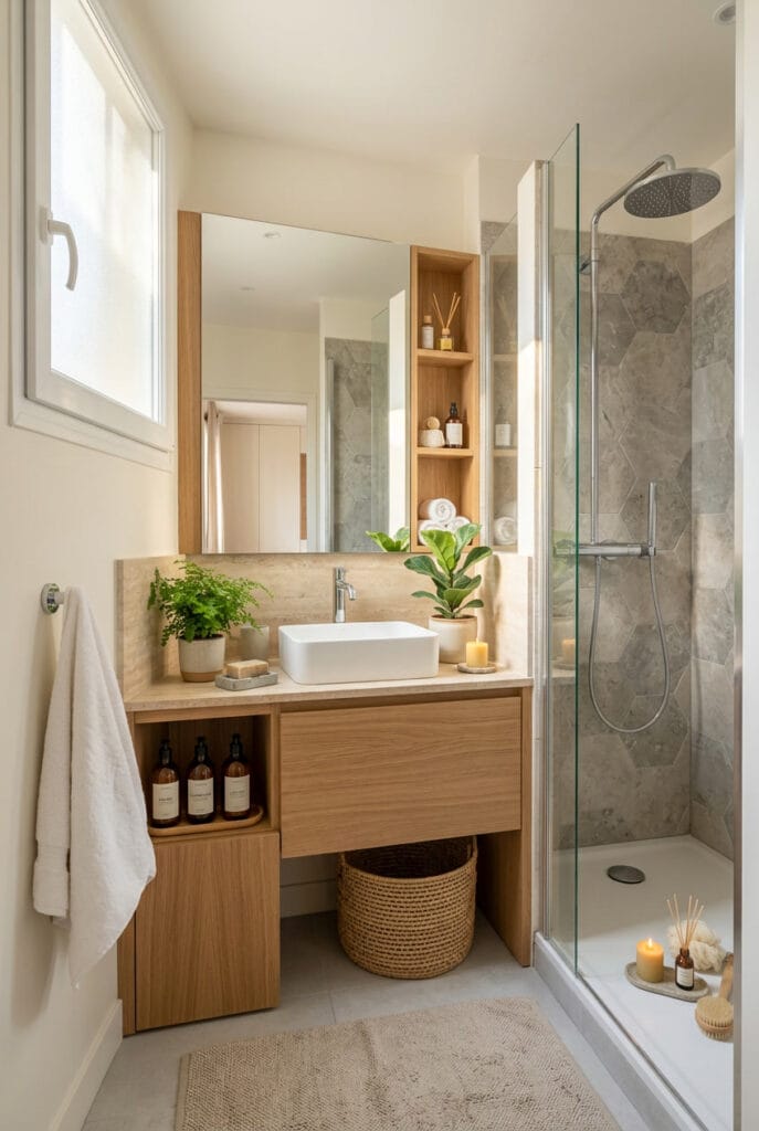 Salle de bain sur mesure avec meuble ajusté aux angles et plan vasque personnalisé pour un espace parfaitement optimisé