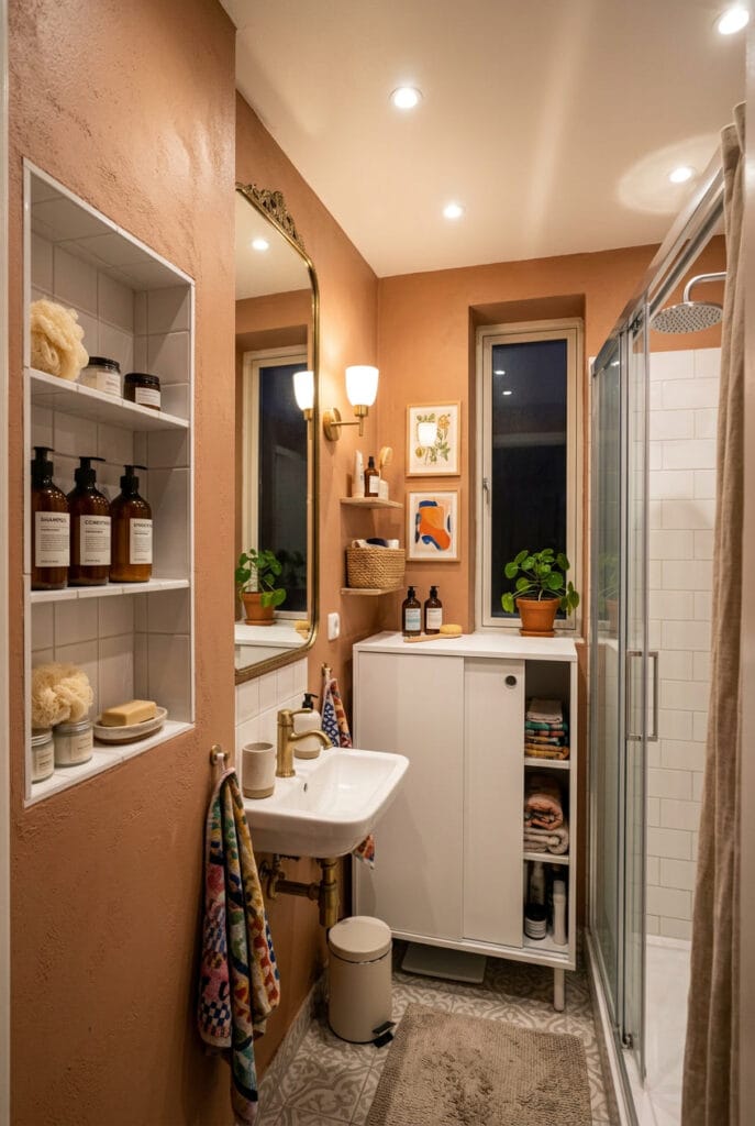 Salle de bain épurée avec porte coulissante et miroir intégré maximisant l'espace sans encombrement visuel