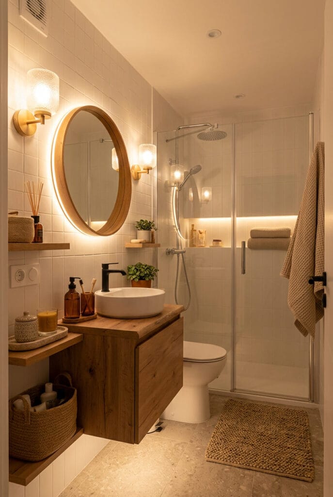 Salle de bain cosy avec éclairage doux et tamisé créant une atmosphère chaleureuse et apaisante